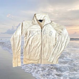 Y2k 2000s 00s Vintage 90s BCBG Rhinestones Cream Beige Velour Collar Soft Jacket